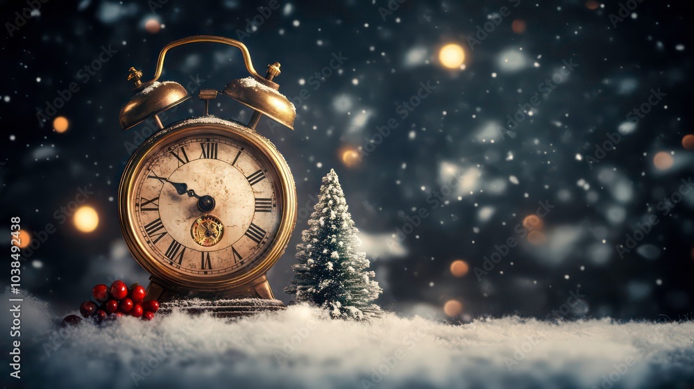 Poster a vintage alarm clock with a small christmas tree sits on a snowy surface with a bokeh background of