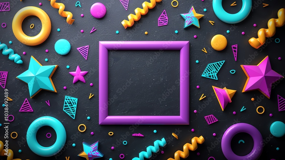 Poster a purple frame sits on a black background surrounded by colorful geometric shapes, creating a vibran