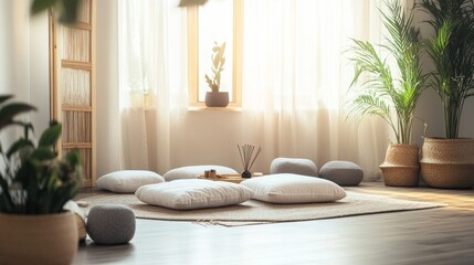 A serene home meditation and yoga sanctuary with cushions and incense, Meditation cushions, yoga mats