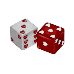 Watercolor illustration of red and white dice with hearts 