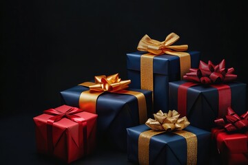 Fototapeta premium A collection of colorful gift boxes adorned with shiny bows, creating a festive atmosphere perfect for special occasions. Generative AI