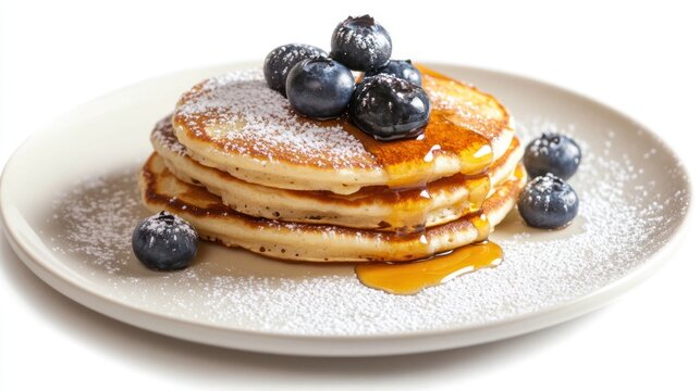 An elegant stack of fluffy pancakes drizzled with maple syrup, topped with blueberries and a dusting of powdered sugar, artfully styled and set against a clean white background