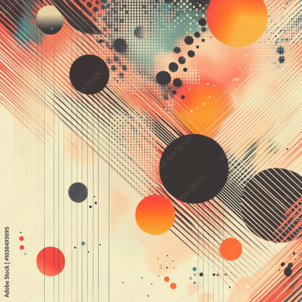 Aufkleber Large and small circles are scattered across a diagonal line grid, creating an eye-catching abstract geometric pattern with dynamic colors. Generative AI
