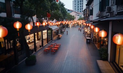 A serene street adorned with glowing lanterns in the evening.