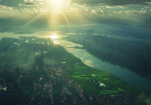 Fototapeta A photograph of the city and green fields of New York, seen from above. The sun is rising over them