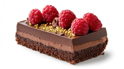 Close-up of a decadent chocolate dessert featuring a glossy ganache coating on a rich mousse cake, topped with fresh raspberries and a sprinkle of edible gold dust, isolated on white