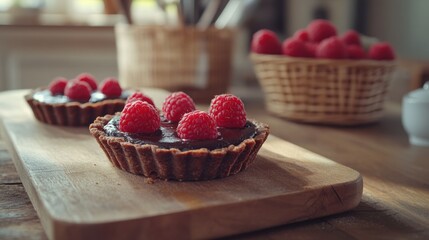 Country kitchen delight: Chocolate raspberry tarts in a rustic kitchen setting, placed on a wooden chopping board with a basket of fresh berries and vintage utensils in the background, The details in