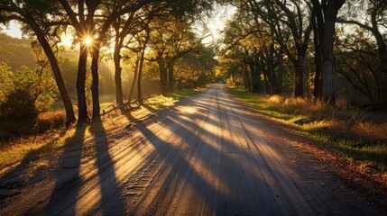 Sun rays casting long shadows on a quiet country road