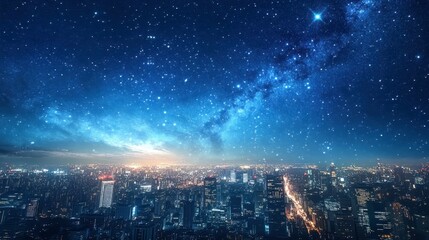 A city skyline under a blue sky, where stars and the Milky Way galaxy become visible as the evening deepens.