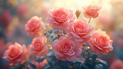 Obraz premium Soft pink roses blooming in a sunlit garden, creating a serene and romantic atmosphere.