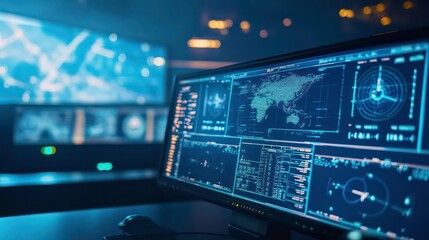 A computer monitor with multiple digital displays showing data and maps.