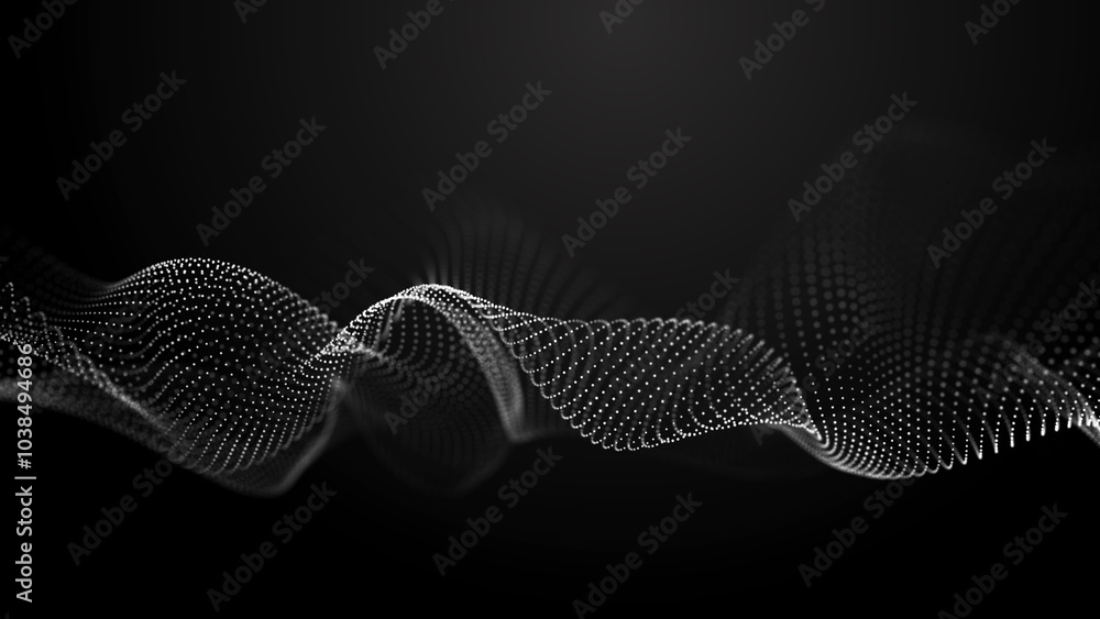 Poster Futuristic background of moving, glowing particles on a black background. Large amount of data. 3D rendering.
