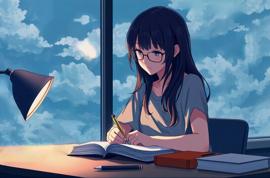 illustration of a young female woman sitting at a desk, engaged in reading a book. She is wearing glasses and appears to be focused on her task.