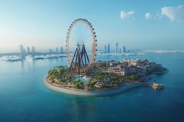 Obraz premium The Ferris Wheel on Ain Dubai and Bluewater's Island. Generative Ai