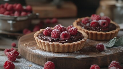 Raspberry chocolate tart presentation: Two artisanal tarts on a wooden board, surrounded by loose raspberries and rustic kitchen elements, evoking a homemade, cozy atmosphere, The details in the food