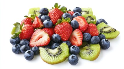 Obraz premium Vibrant seasonal fruit arrangement featuring bright red strawberries, plump blueberries, and juicy kiwi slices artfully arranged in a natural style, isolated on a spotless white background