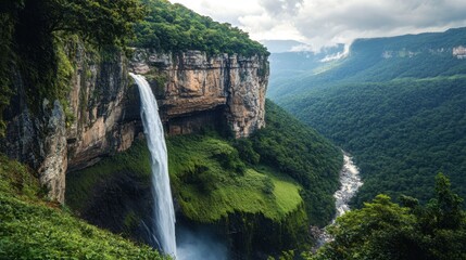 A cliffside view of a cascading waterfall plunging into a river far below, surrounded by greenery.