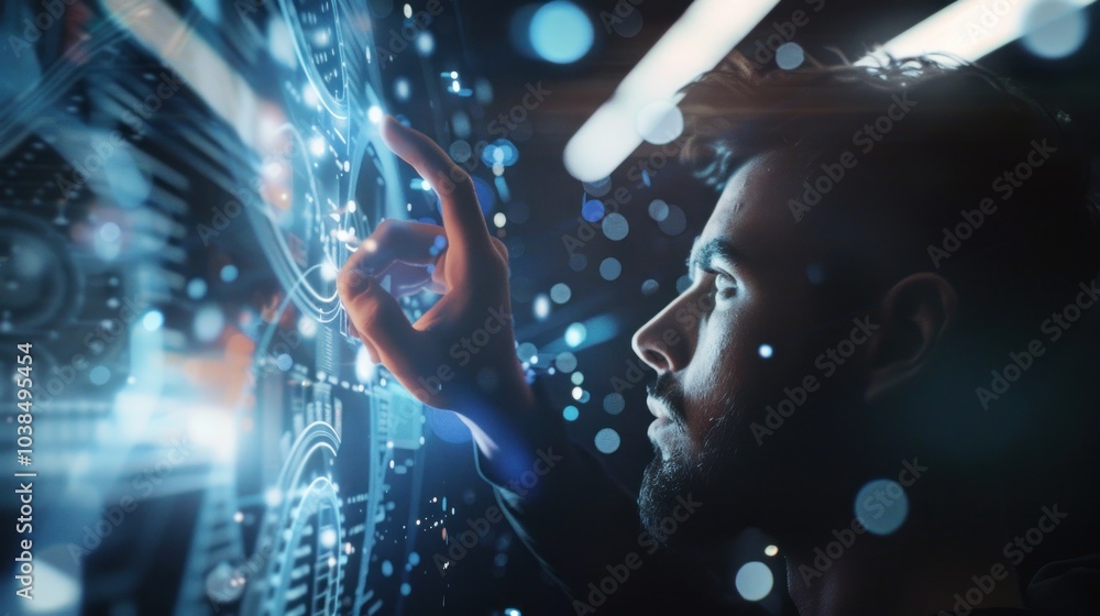 Poster man interacting with futuristic interface