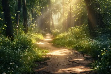 Obraz premium Forest path with dappled sunlight, nature background, tranquil journey