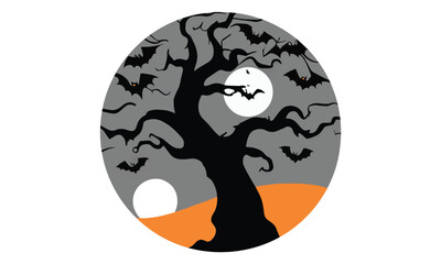 Halloween scary night background with moon in sky, castle and ghosts. Happy Halloween backdrop illustration
