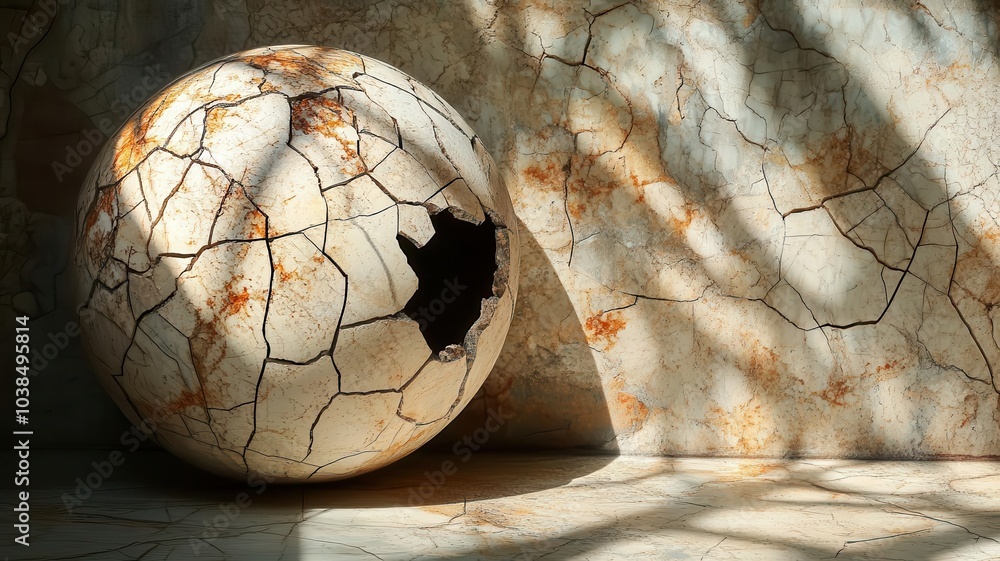Poster a cracked orb rests against a textured wall, illuminated by soft light filtering through shadows, cr