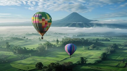 Naklejka premium Hot Air Balloons Soaring Over Misty Mountain Landscape
