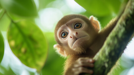 A baby monkey is hanging from a tree branch