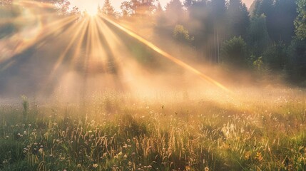 Obraz premium Sun rays shining through the mist in a quiet meadow