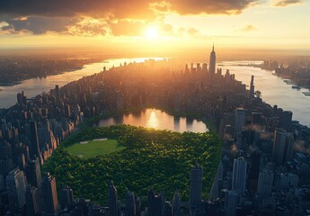 Fototapeta premium A photograph of the city and green fields of New York, seen from above. The sun is rising over them