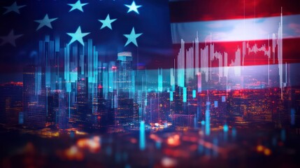 A blurry cityscape with glowing lights and a superimposed American flag, overlaid with digital financial data.