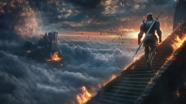 a knight was climbing the palace stairs at night with a view of thick clouds at night. Seamless looping time-lapse virtual 4k video animation background