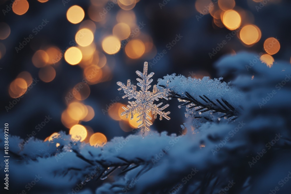 Poster sparkling snowflake on a snowy branch with glowing lights