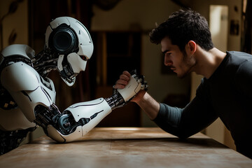 Man arm wrestling a humanoid robot in a competitive setting