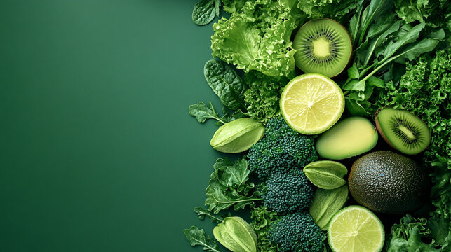 Fresh vegetables and fruits arranged on a dark background, highlighting healthy green choices
