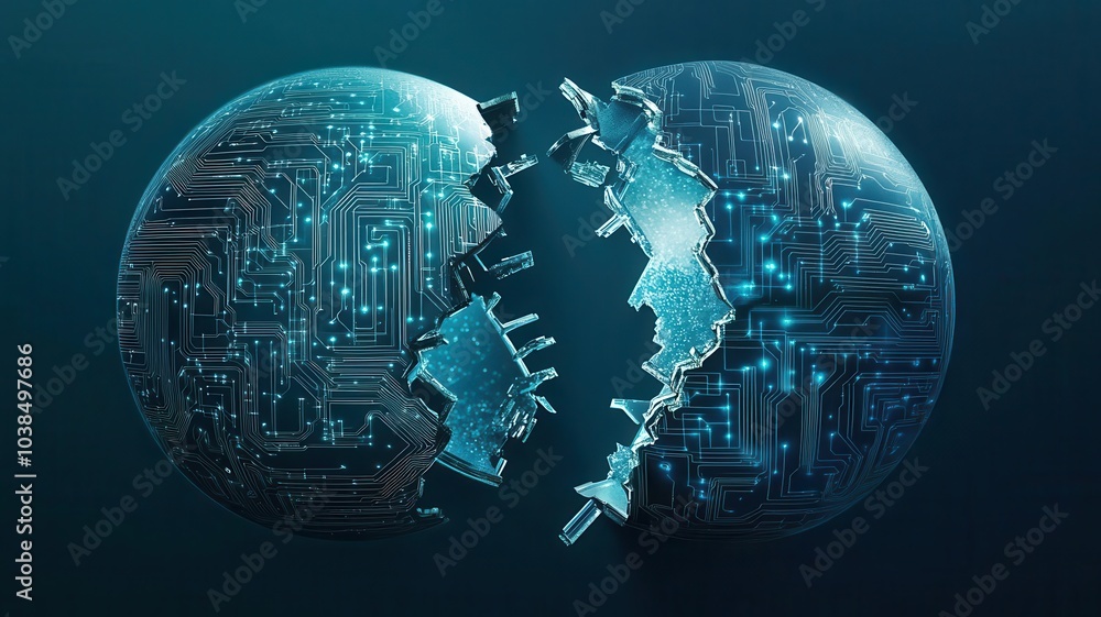 Poster a futuristic digital representation of two cracked spheres, showcasing intricate circuitry and a ble