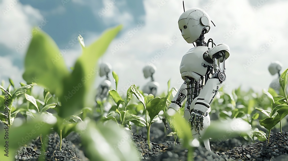 Aufkleber in a futuristic garden robots emerge as nature's latest creation blending technology with organic gr
