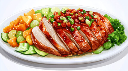 A plate of roasted duck with cucumber, green beans, and potato.