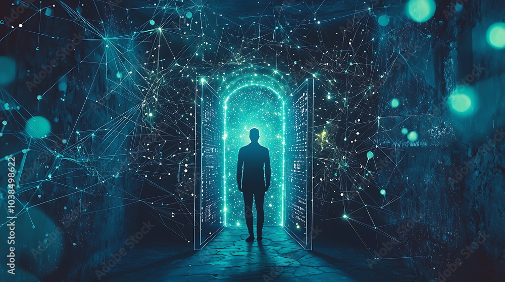Aufkleber a mysterious journey a silhouette of a person step into a glowing portal surrounded by cosmic connec