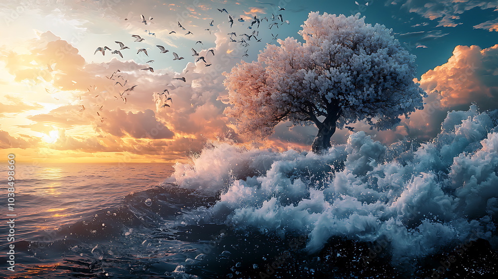 Poster a serene tree standing resilient on ocean waves beneath a golden sunset surrounded by flying birds i