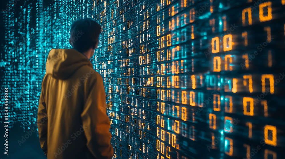 Poster Exploring the digital frontier a person in a yellow hoodie engaged with a vibrant display of binary data in a futuristic environment