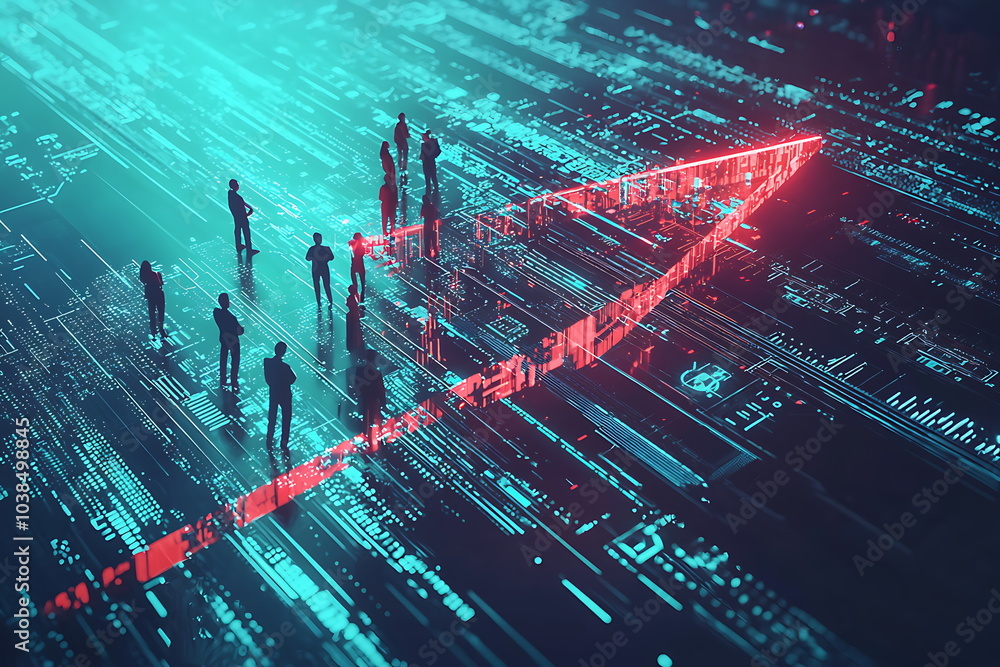 Poster people standing on a digital landscape with upward arrow symbolizing progress and innovation in tech