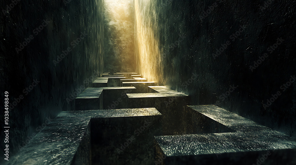 Poster unveiling the secrets of a mysterious pathway a journey through a dark stone maze with flowing water
