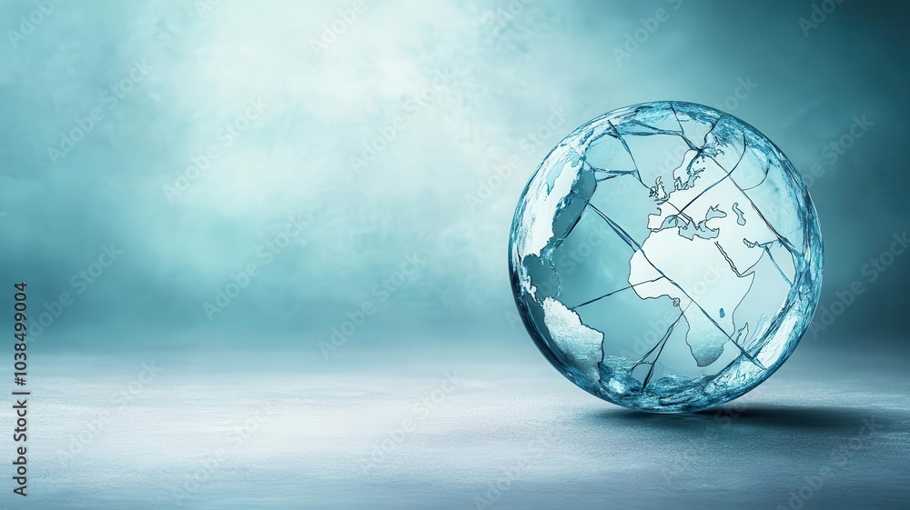 Poster a translucent globe rests on a subtle blue surface, symbolizing globalization and interconnectedness