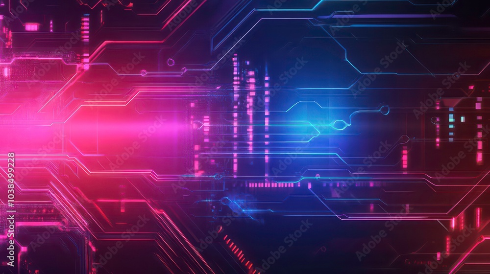Poster abstract digital background with glowing red and blue lines and circuit board design.