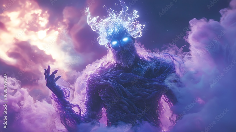 Poster majestic deity emerges from the mist cloaked in swirling clouds and adorned with a mysterious crow e