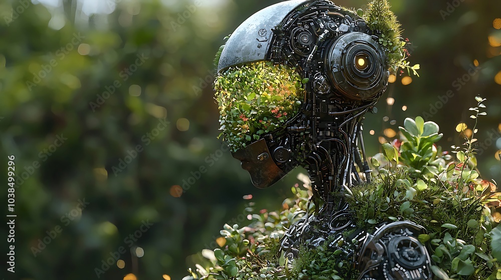 Poster Exploring the intersection of nature and technology a robotic being with a mechanical chest revealing lush greenery