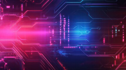Abstract digital background with glowing red and blue lines and circuit board design.
