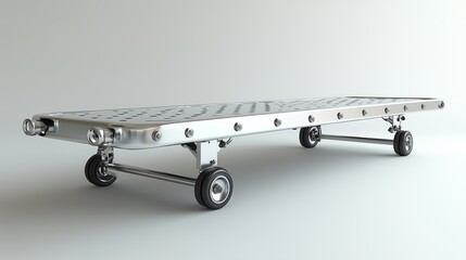 A silver skateboard with four wheels sits on a white surface