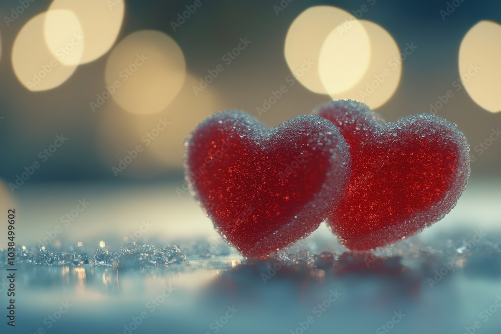 Poster sparkling red hearts on a snowy background