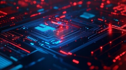 Fototapeta premium Abstract circuit board with red and blue glowing lights, dark background